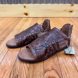 Roper Camilla Brown Sandals with Intricate Embossed Leather Design